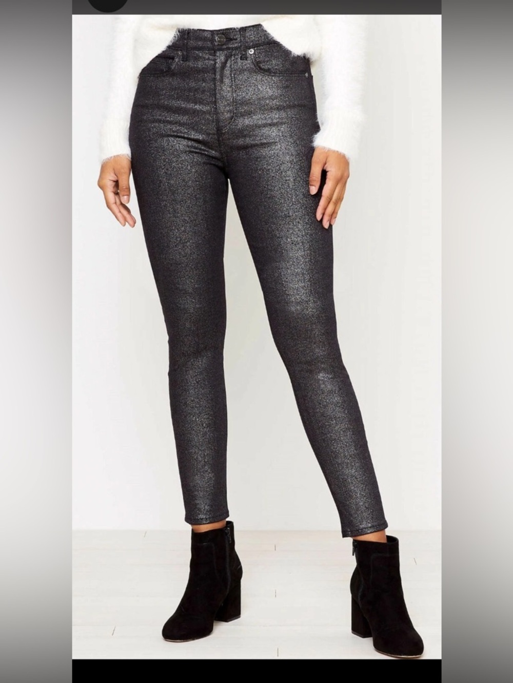 LOFT Metallic Charcoal High-Rise Sparkle Luxe Clubbing Party Jeans